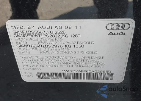 2012 Audi Q5 3.2 Premium Plus z USA, uszkodzony, nr VIN WA1DKAFP6CA029680